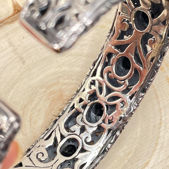 Robert Manse Signed 925 Sterling Silver 18K Onyx Cuff Bangle Bracelet - Picture 10 of 12